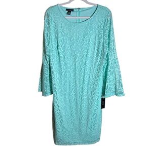 Alfani Lace Bell Sleeve Sheath Dress Aqua Blue, Size 14